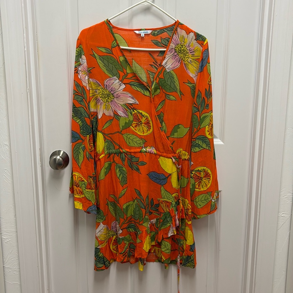 Blue Island Tropical Orange Citrus Print Vacation‎ Faux Wrap Ruffle Mini Dress S